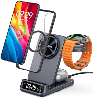 Magnetic 3-in-1 Wireless Charging Station for Samsung Devices – Foldable Fast Charger for Galaxy S25/S24/S23/Note 20/Z Fold & Flip Series, Galaxy Watch 7/6/5 Pro/Ultra & Buds Pro/Live – Enhanced Compatibility with Adjustable Dimming Clock, Rapid Charging Efficiency, and Portable Design for Travel and Home Use
