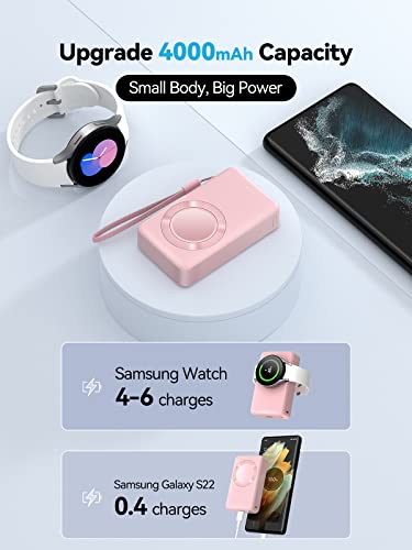 LVFAN 4000 m Ah Wireless Magnetic Charger for Samsung Galaxy Watch 7 Ultra – Fast Charging Portable Power Bank in Pink – Ultimate Compatibility & Stylish Convenience for Galaxy Watch Series 6 Classic, 5 Pro, 4, 3, Active 2/1, Gear S4/3