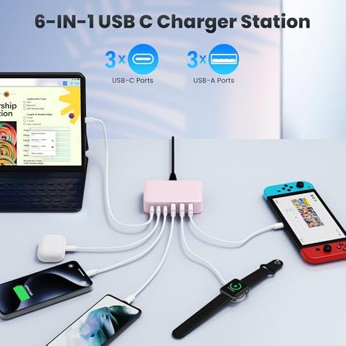 108 W Pink Ga N III USB C Charging Hub – 6-Port Fast Charger for i Phone 15 Pro, Samsung & More – Quick Charge & Power Delivery Compatible – Stylish Multi-Device Power Station with Intelligent Safety Features – Ideal for Home, Office & Travel Use