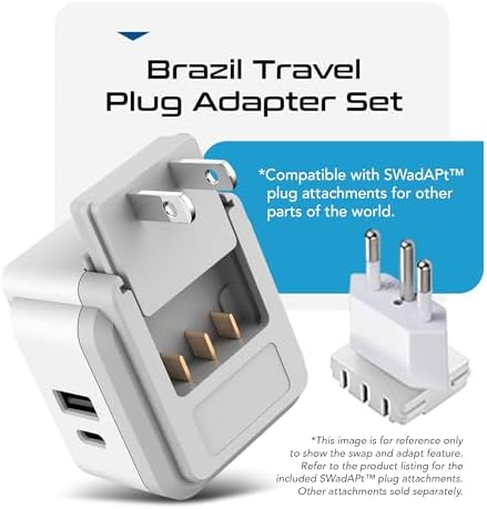 Compact Travel Power Adapter Set for Brazil, Peru & Chile – 20 W Dual USB & USB-C Charger with 2 USA Sockets – Fast Charging with Type C & N Attachments – Portable Plug Converter for Global Travelers – Stay Connected Anywhere