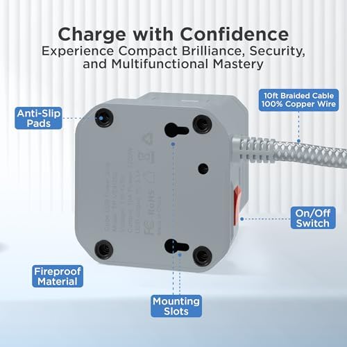 Uncaged Ergonomics Cube Power Strip with 10 ft Extension Cord – Surge Protected Charging Station Featuring 5 AC Outlets, 3 USB Charging Ports (1 USB-C Fast Charger) and On/Off Switch for Ultimate Convenience and Safety