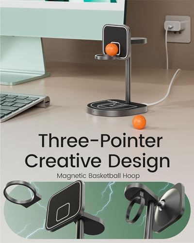 Innovative 3-Point Power 3-in-1 Charging Station for Apple Devices – Sleek Aluminum Alloy Magnetic Wireless Charger Stand with Mini Basketball & Hoop, Perfect for i Phone 16/15/14/13/12, 5 W Apple Watch & Air Pods Charging, Compact Black Design for Enhanced Speed and Style