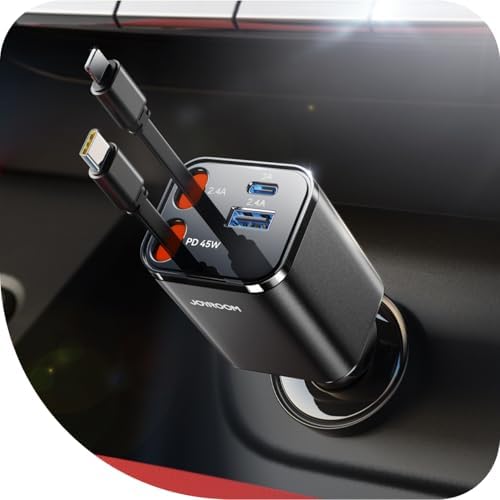 JOYROOM Ultra-Compact 84 W Retractable Car Charger – Fast USB-C Charging for i Phone 12-16 | Travel Essential Car Adapter for Quick Device Power-Up | Sleek Design, Tangle-Free Cable, Perfect Gift for Men & Women