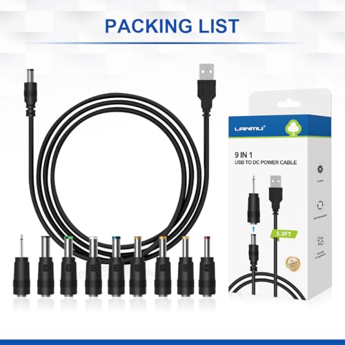 LANMU USB to DC Power Cable, DC 5V Power Cord 5.5 2.1mm Jack Charging Cable with 14 Interchangeable Plugs Addapters for 5V Devices – Enhanced Compatibility and Speed