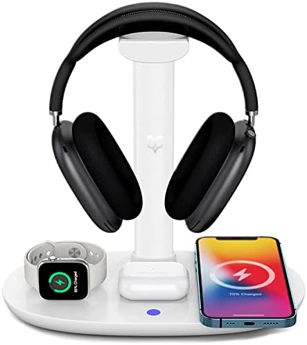Sleek 4-in-1 Wireless Charging Headphone Stand – Universal Dock for i Phone, Apple Watch, Air Pods, and All Headphone Sizes – Fast Charging Hub for Samsung Galaxy, LG, Huawei – Elegant White Desk Organizer for Tech Enthusiasts