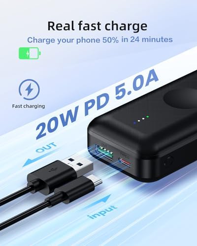 Compact 10,000 m Ah Portable Apple Watch Charger – Fast Charging Mini Power Bank with Integrated Cable for Apple Watch 9/Ultra/8/7/6/SE/5/4/3/2 and i Phone 14/13/12/11/Samsung – Ultimate Travel Companion for Efficient Device Powering