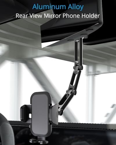 Premium Aluminum Alloy Rear View Mirror Smartphone Holder – Versatile Multi-Angle Adjustment and Rotatable Car Mount for 4-7 Inch Devices – Elevate Driving Safety and Accessibility with Stylish Black Finish for i Phone and Android Users