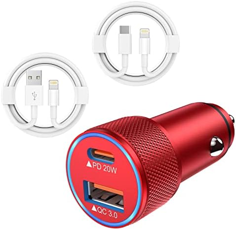 i Phone 14 Dual Port Fast USB C Car Charger | Apple MFi Certified 38 W Quick Charge Adapter with 2 Lightning Cables | Sleek Metal Design for Optimal Durability and Compatibility with i Phone 14, 13 Pro Max, Mini, 12, 11 & Air Pods | Reliable On-the-Go Power Solution for Busy Lifestyles