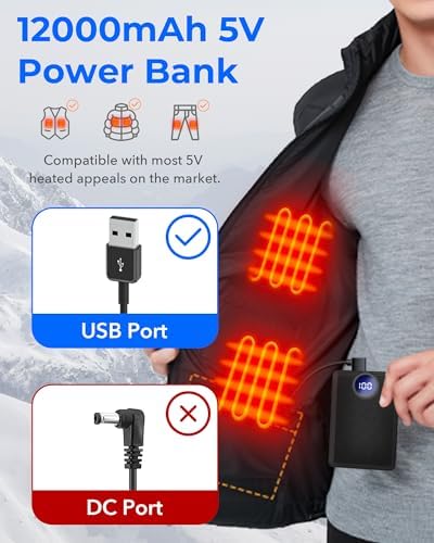 Rechargeable Heated Vest Battery Pack with LED Display – High-Capacity Portable Power Bank for Heated Apparel, Vests, Blankets, and Jackets – Dual USB-A Output & Type-C Input for Fast Charging – Up to 10 Hours of Warmth and Comfort on the Go