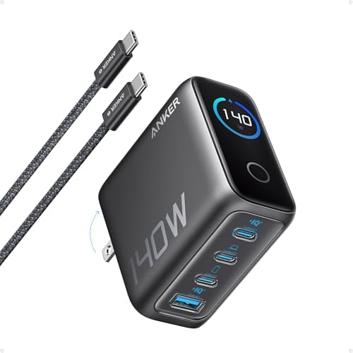Anker 140 W Ga N Multi-Device Fast Charger – Quad-Port USB-C Rapid Charging Hub for Mac Book, i Phone 16, Samsung Galaxy & Pixel – Advanced Active Shield 2.0 Safety System – High-Definition Display for Real-Time Charging Insights – Ultimate Convenience for Tech Enthusiasts