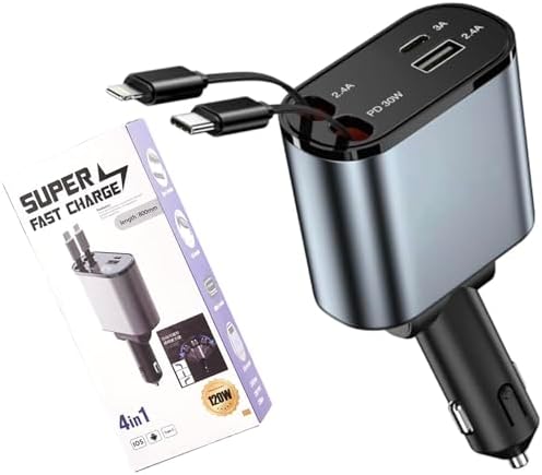 Ultimate 4-in-1 Retractable Car Charger with Dual USB Ports – 120 W Fast Charging Adapter for i Phone, Samsung Galaxy & Pixel Devices – Tangle-Free Design for Optimal On-the-Go Convenience and Universal Compatibility
