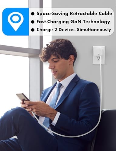 Portable USB C Retractable Charger – 35 W Ga N Fast Charging Adapter with Type C Cable for i Phone 16/15 Pro Max, i Pad, Galaxy, and Pixel – Compact Foldable Wall Charger for Effortless Travel and Enhanced Device Compatibility