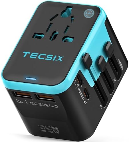 Global Travel Power Adapter with Dual USB-C & USB-A Ports – Compact 240 V AC Charger for International Use in EU, US, UK, AUS – Fast Charging Solution for Modern Travelers – Sleek, Lightweight Design (Black/Blue)
