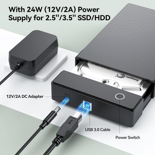 CLAVOOP 3.5-Inch SATA Hard Drive Enclosure – USB 3.0 External Case for Enhanced 20 TB Data Storage & Recovery, Optimal UASP Support for Fast File Transfers, 12 V 24 W Power Adapter Included, Ideal for PS5 and Xbox Compatibility