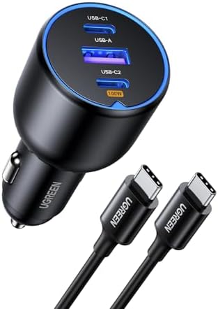 UGREEN 130 W USB-C Car Charger: High-Speed PD 100 W & PD 30 W Dual Ports for i Phone 16, Galaxy S24/S23 Ultra, i Pad & Mac Book – Compact, Safe & Universal Charging Solution for All Devices on the Road