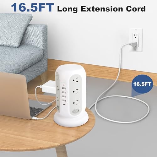Revolutionize Your Charging Setup with the 16.5 FT Power Strip Tower – 12 AC Outlets & 5 USB Ports (1 USB-C) Surge Protector for Home, Kitchen, Dorm, & Office – Space-Saving Design with Enhanced Overload Protection for Maximum Device Compatibility and Rapid Charging Efficiency