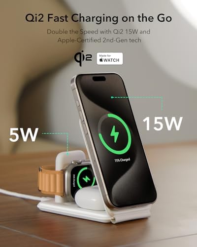 ESR Qi2 All-in-One 3-in-1 Charging Station for Apple Devices – Fast 15 W Mag Safe Charger, Certified Apple Watch & Air Pods Power Hub, Ideal Travel Companion for i Phone 16/15/14/13/12 Series, Sleek Black Design with Travel Bag Included – Maximizing Efficiency and Style