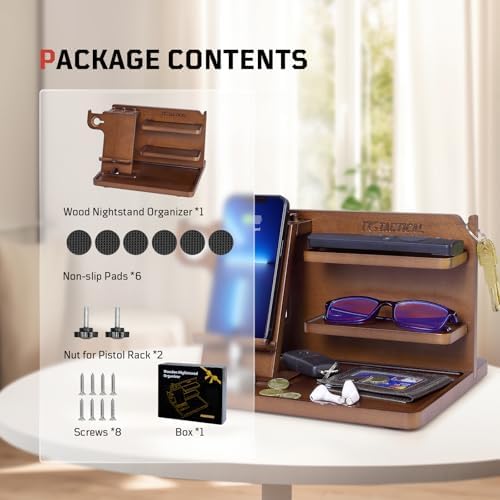 Nightstand Organizer, Wood Phone Docking Station with Adjustable Rack, Bedside Desk Organizer, EDC Tray for Men, Dads, Husbands – Ideal for Anniversaries and Birthdays – Dark Brown – Enhanced Compatibility and Speed
