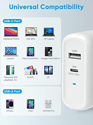 Power Lot 68 W Dual Port USB C Charger – Ga N Technology Power Adapter for Fast Charging Mac Book Pro & i Pad Pro – Compact 60 W USB-C & 18 W USB-A Compatibility for i Phone 12 Pro Max/11 Pro Max – Sleek, Lightweight Design for Effortless Portability and Enhanced Charging Efficiency