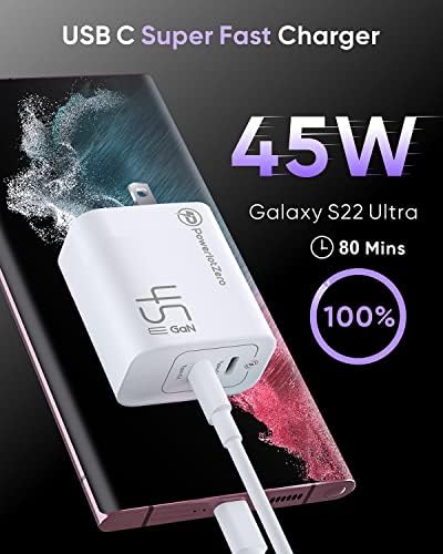 Powerlot Zero 45 W Dual USB-C Wall Charger Block – Ultra-Fast 2-Port Power Adapter with Foldable Plug for Galaxy S23 Ultra, i Phone 14 Pro Max, and Mac Book Air – Enhanced Speed and Smart Compatibility for On-the-Go Charging Solutions