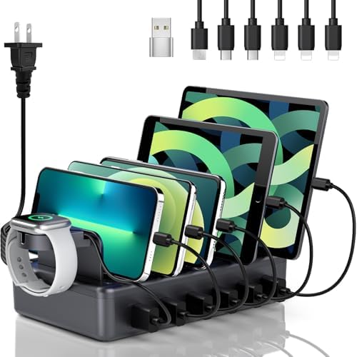 Ultimate 6-in-1 Multi-Device Charging Station – 50 W Fast Charging Dock with Universal Compatibility for i Phone, i Pad, Smartphones & Tablets – Sleek Organizer with Mixed Cables for Efficient Power Delivery and Clutter-Free Workspace