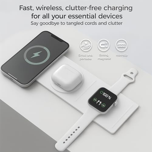 Ultimate 3-in-1 Magnetic Wireless Charger for Apple Devices – Foldable Travel Adapter for i Phone 16/15/14/13/Pro/Max, Apple Watch, and Air Pods – 20 W Rapid Charging Power Supply Included for Unmatched Convenience and Enhanced Compatibility