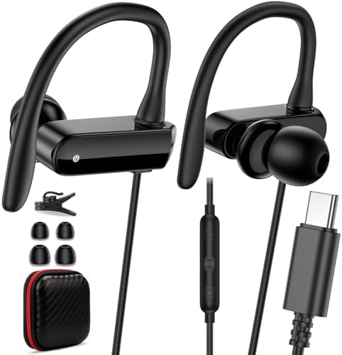 Premium USB C Over-Ear Sports Earbuds with Microphone | High-Fidelity Wired Earphones for i Phone 16 & Samsung Galaxy S25 | Ergonomic Design for Active Lifestyles | Immersive Audio & Hands-Free Calling | Perfect for Workouts and Daily Use