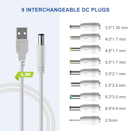 LANMU USB to DC Power Cable, DC 5V Power Cord 5.5 2.1mm Jack Charging Cable with 14 Interchangeable Plugs Addapters for 5V Devices – Enhanced Compatibility and Speed
