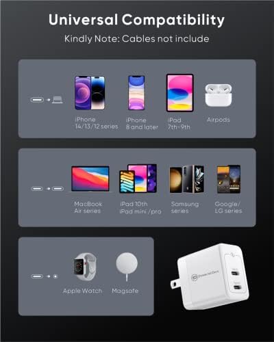 Powerlot Zero Mini 35 W Dual USB-C Wall Charger – Compact Ga N Fast Charging Adapter with PPS PD 3.0 for i Phone 12, 13, 14 Pro Max, Galaxy, i Pad, Air Pods, and Mac Book Air – Lightweight, Foldable Design for Ultimate Portability and Universal Compatibility