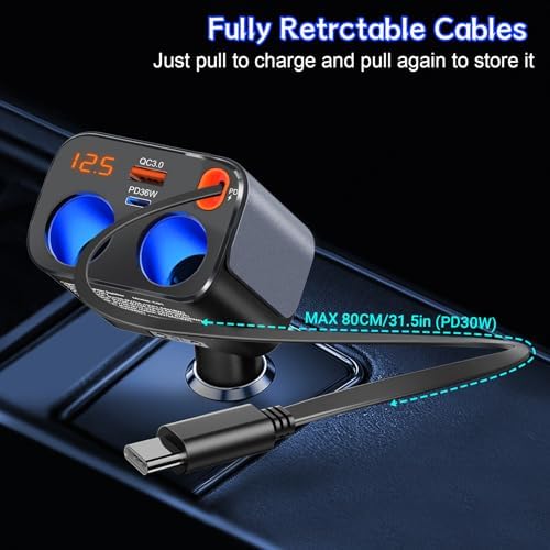High-Power 180 W Retractable Car Charger with Dual QC 3.0 & PD 36 W Fast Charging | Integrated LED Voltmeter & Replaceable 15 A Fuse for Enhanced Safety | Multi-Device Cigarette Lighter Splitter for GPS, Dash Cams & Smartphones | Tangle-Free PD 30 W Lightning Cable Included