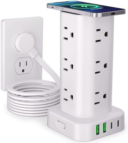 Ultimate Power Strip Tower with 15 W Wireless Charger and 10 FT Extension Cord – 12 AC Outlets & 4 USB Ports (2 USB-C) – Space-Saving Surge Protector for Home, Office, and Dorm Use – Advanced Compatibility for All Devices