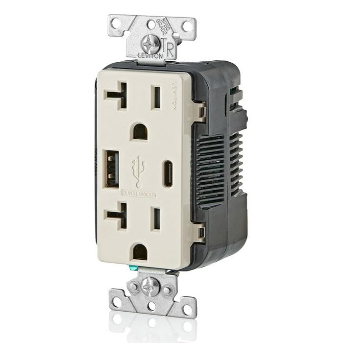 Leviton Dual USB In-Wall Charger with 20 A Tamper-Resistant Outlet – Type A & Type-C Compatibility for Smartphones and Tablets, Light Almond Finish – Streamlined Charging Solution for Home and Office Spaces