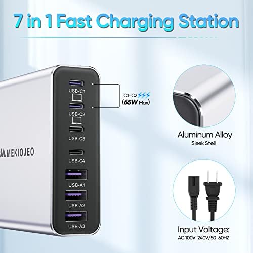 Elevate Your Charging Game with the 65 W Ga N 7-Port Aluminum USB-C Power Hub – High-Speed Multi-Device Charger for Mac Book Pro, i Pad Pro, and i Phone – Lightweight, Travel-Friendly Design with Advanced Safety Features for Efficient Power Delivery