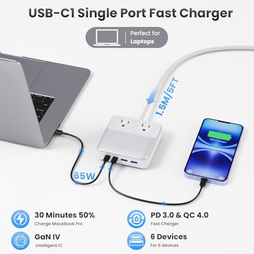 High-Power 135 W Ga N USB C Charging Hub – 6-in-1 Power Station with 2 AC Outlets, 2 USB-A & 2 USB-C Ports, 5 ft Cord, Ideal for PD 65 W Laptop Charging (Mac Book Air/Pro, i Phone 16/15, Galaxy S24) – Fast, Efficient, Universal Device Charger for Home and Travel