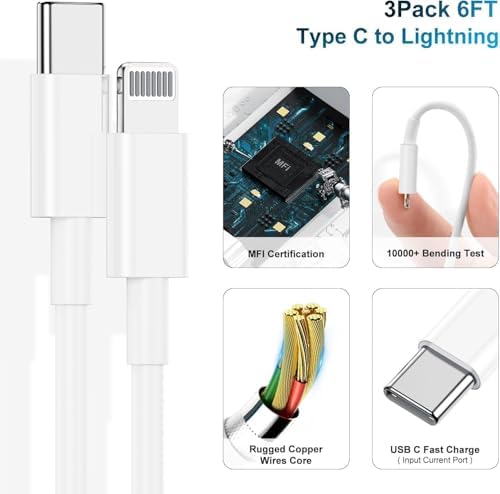Ultra-Fast 20 W USB-C Charger with 6-Foot Lightning Cable – Convenient 3-Pack for i Phone 14/13 Pro, Ideal for Home and Travel – Superior Durability and Extended Reach for Effortless Charging Anytime