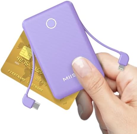 Ultra Slim 6000 m Ah Power Bank with Built-In USB C Cords – Card-Sized Portable Charger for Effortless On-the-Go Charging, Triple Output for i Phone, Samsung, Google Devices – Stylish and Compact Battery Pack for Enhanced Efficiency and Versatility
