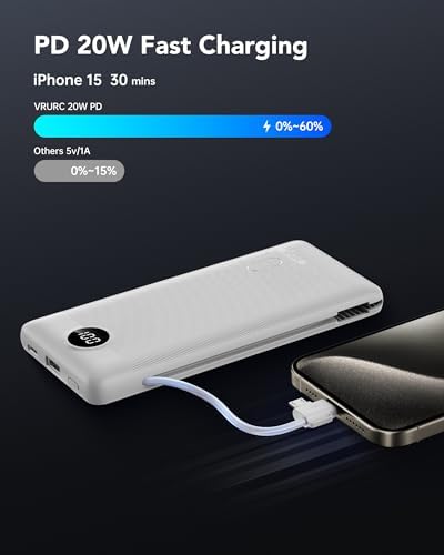 Sleek VRURC 10,000 m Ah Portable Charger with Built-in Wall Plug – Rapid 22.5 W USB Power Bank for Ultimate Travel Convenience – Slim Profile, 4 Outputs & Dual Inputs for Multi-Device Charging – Essential USB-C Compatible Travel Accessory in White