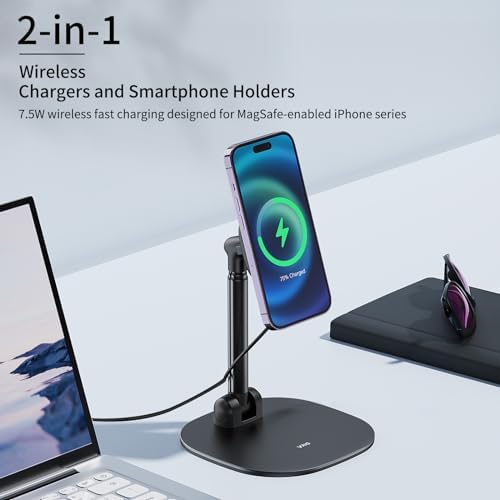 VRIG Magnetic Desk Phone Stand for Office/Home, 360°Rotation Wireless Charger Phone Holder with Magnetic Ring Height&Tilt, Adjustable Cell Phone Stand for iPhone 16 15 14 13 12 and More/Android – Enhanced Compatibility and Speed