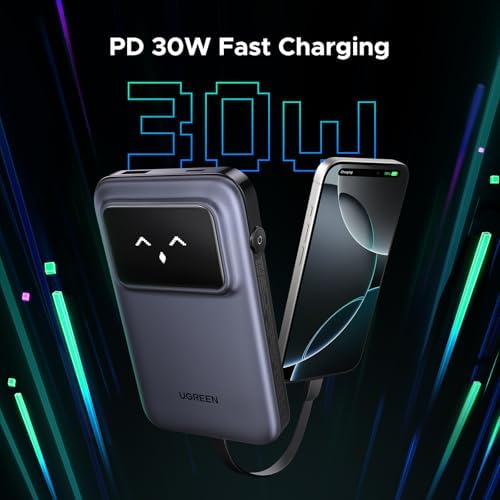 UGREEN Uno 10,000 m Ah Power Bank with Integrated USB-C Cable – PD 30 W Fast Charging Battery Pack Featuring TFT Display for i Phone 16, Galaxy S24, Pixel, i Pad & More – Ultimate Portable Charger for Enhanced Device Compatibility and Speed Efficiency