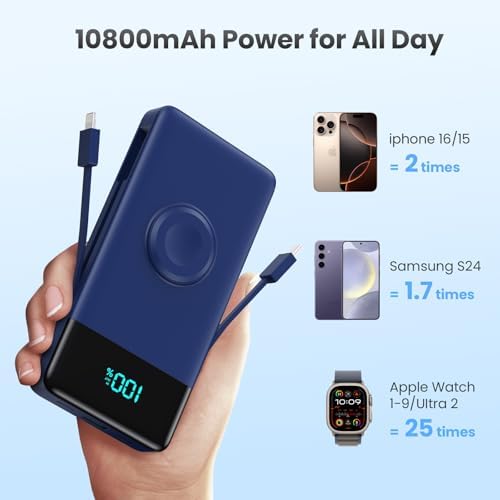 Ultra-Compact 6-in-1 10800 m Ah Power Bank with Built-In Cables & AC Plug – Fast Charging for i Phone, Android, and Apple Watch – LCD Display for Easy Power Monitoring – Lightweight, Travel-Friendly Battery Pack for Multi-Device Charging – Perfect for i Phone 16/15/14 Series, Samsung Galaxy, and More – Enjoy Unmatched Versatility and Convenience on the Go
