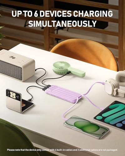 Ultra-Slim 10,000 m Ah Charmast Portable Charger with Built-In Cables – High-Speed 15 W USB-C Power Bank for i Phone 16/15/13, Samsung, and Android Devices – Charge 6 Devices Simultaneously with Real-Time LED Display – Travel-Friendly Battery Pack with Pouch for Added Durability and Low Current Mode for Safe Charging of Earphones and Speakers – Essential Power Solution for Daily Use and On-the-Go Charging