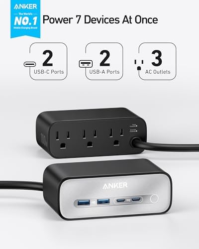 Anker Nano 100 W Power Delivery Charging Station – 7-in-1 USB C Power Strip for i Phone 16/15/14 & Mac Book Air/Pro – 3 AC Outlets, 2 USB A, 2 USB C, 5 ft Slim Cord – Versatile Desktop Charger for Home & Office – Enhanced Device Compatibility & Rapid Charging Solution