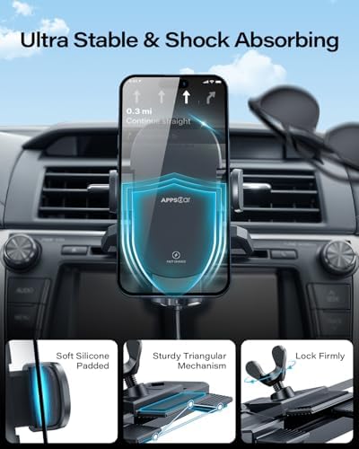 APPS2 Enhanced CD Slot Car Phone Mount with 15 W Wireless Charging – Effortless One-Hand Operation & Hands-Free Design for i Phone 11 to 16 Pro Max – Sturdy, Secure Installation for Safe Driving and Seamless Navigation