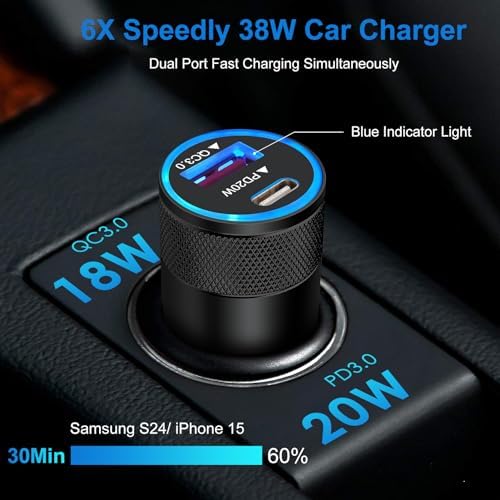 Samsung Dual Port Fast Charger Block with 25 W Wall Adapter & 38 W USB C Car Cigarette Charger – Compatible with Galaxy A Series, S24, S23, A35, A15, A55, A25 – Includes 3 FT & 6 FT Type C Charging Cables for Ultimate Convenience and Enhanced Efficiency
