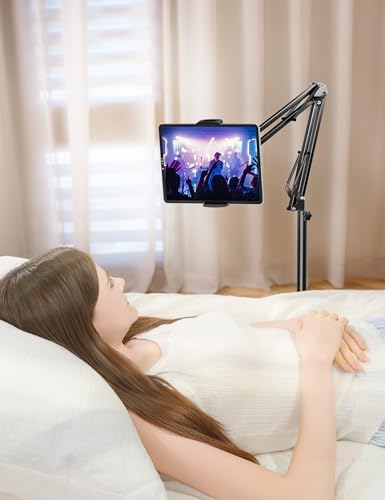 Adjustable Tablet Floor Stand with 4.5 LB Heavy Metal Base – Universal Phone Mount for i Pad, i Phone Pro, Samsung Galaxy Tab & E-Readers – Ergonomic Height & Angle Adjustment for Hands-Free Viewing & Enhanced Comfort