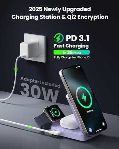 3-in-1 Qi2 Certified Wireless Charging Station – 15 W Fast Magnetic Charger for i Phone 16/15/14/13/12, Apple Watch, Air Pods – Foldable Design with 30 W USB-C Adapter for Ultimate Compatibility and Efficiency – Elevate Your Charging Experience with Enhanced Safety Features and Versatile Viewing Angles