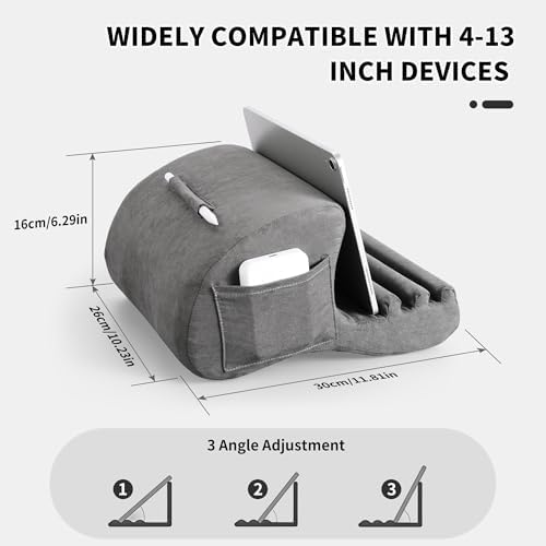 Crea Dream Adjustable Tablet Pillow Stand – Ergonomic Lap and Bed Holder for 4-13 Inch Devices, Featuring Three Customizable Viewing Angles for Maximum Comfort and Support – Perfect i Pad, Kindle, and Galaxy Tab Accessory in Sleek Gray Design for Effortless Use at Home or On-the-Go
