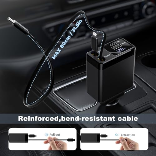 Ultimate 4-in-1 Retractable Car Charger with 2.6 ft Tangle-Free Cord – Fast Charging Solution for i Phone 16 & Android Devices, Perfect for Backseat Passengers – Compact & Durable Design for Travelers Seeking Efficiency and Organization