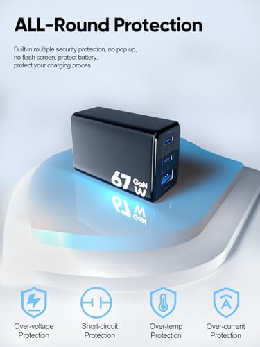 67 W Ga N USB-C Fast Charger Block – 3-Port Portable Wall Charger for Mac Book Pro, i Phone 16, Galaxy S24 & More – Compact, Foldable Design with Included Data Cable for Ultimate Compatibility & Speed