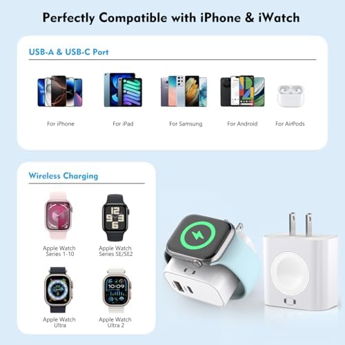 23 W 3-in-1 Multi-Device Charger for Apple Watch & i Phone – Rapid Dual Port USB-C & USB-A Power Adapter with Wireless Magnetic Charging for i Watch Ultra/SE/10/9/8 & i Phone 16/15/14 – Compact Travel Charger for Efficient Power Solutions
